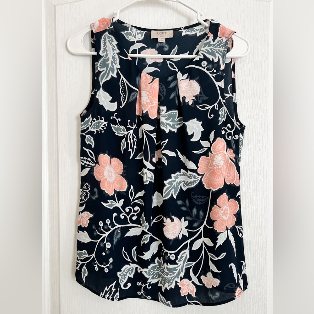 LOFT Navy Blue Floral Sleeveless Blouse